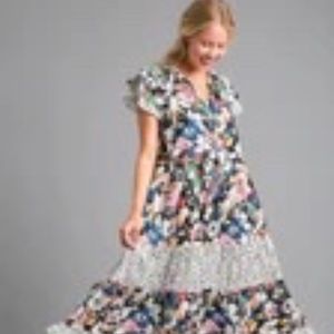 Umgee Mixed Print Midi Dress in Black NWT